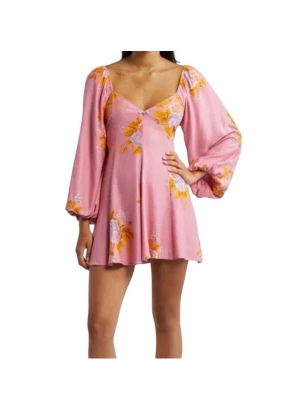 FREE PEOPLE Francesca Mini Babydoll Coqette Dress Floral Pink Puff Long sleeve L